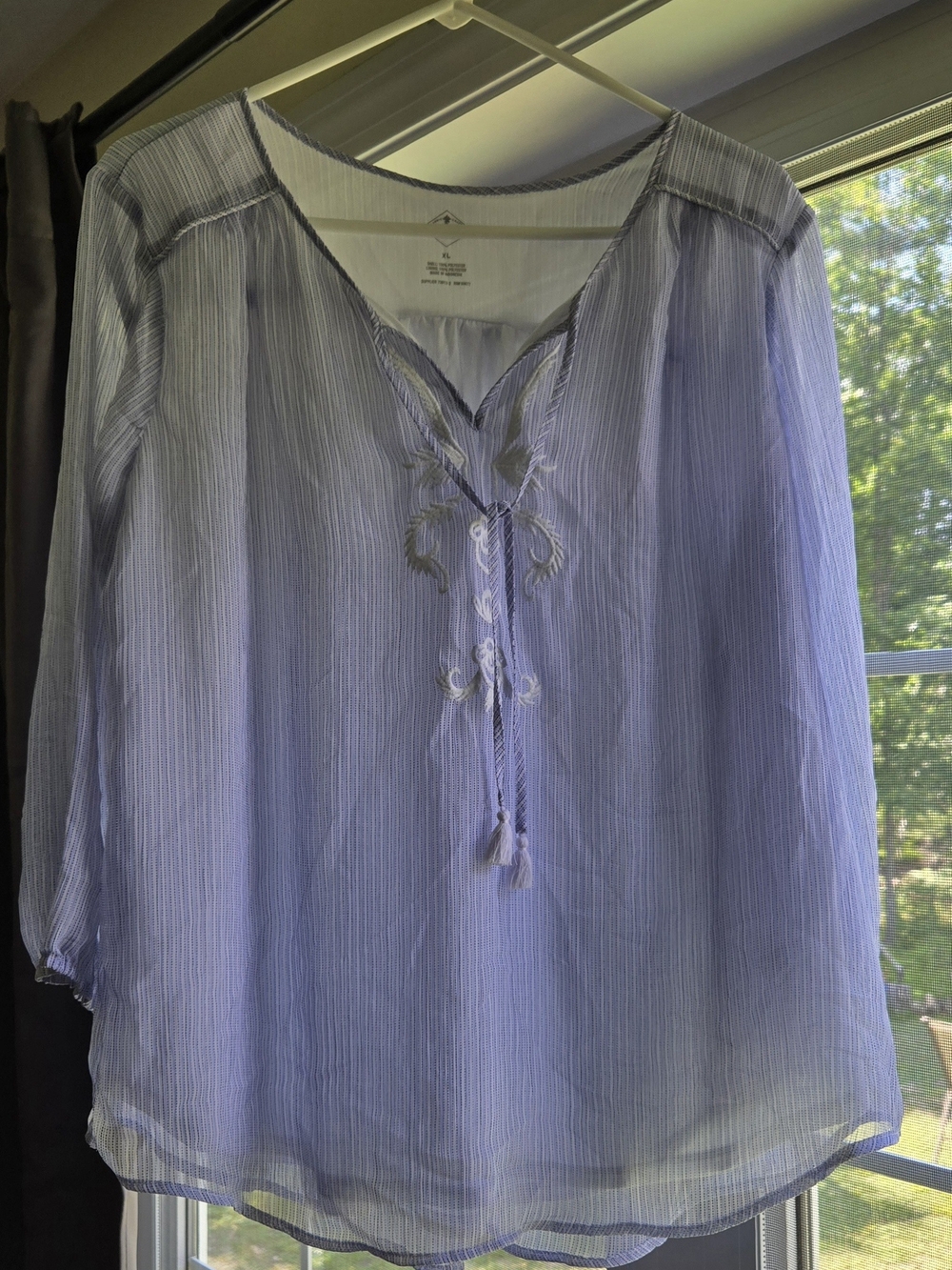 St. John's Bay Light Blue Striped Peasant Tunic with Embroidered With Tassel Tie